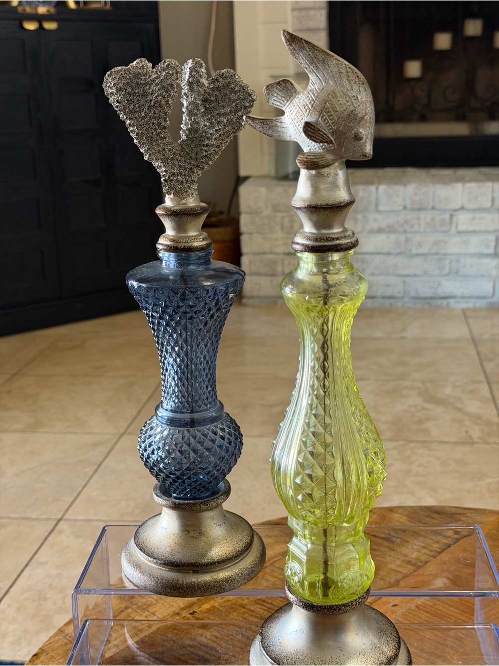 Repurposed Vintage EAPG Blue Green Glass Diamond Coral Fish Decorative Vases 16”